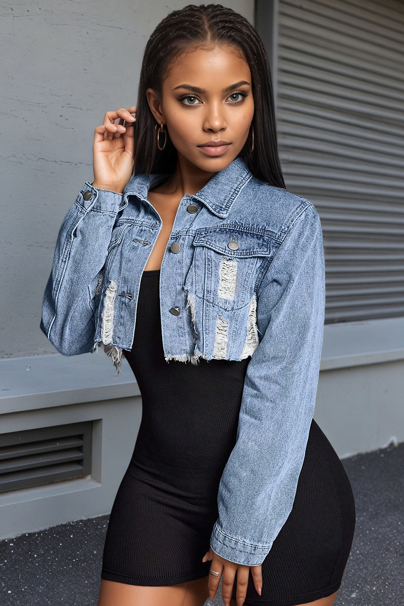 Women's Distressed Denim Cropped Blazer With Lapel