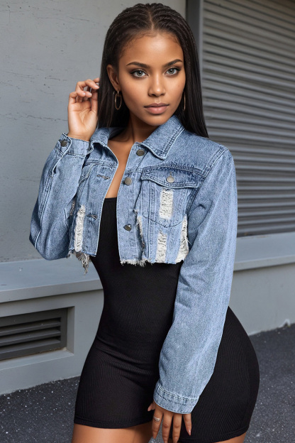Women's Distressed Denim Cropped Blazer With Lapel