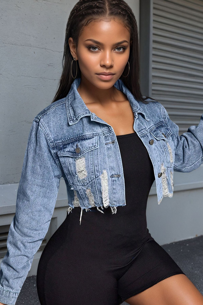 Women's Distressed Denim Cropped Blazer With Lapel