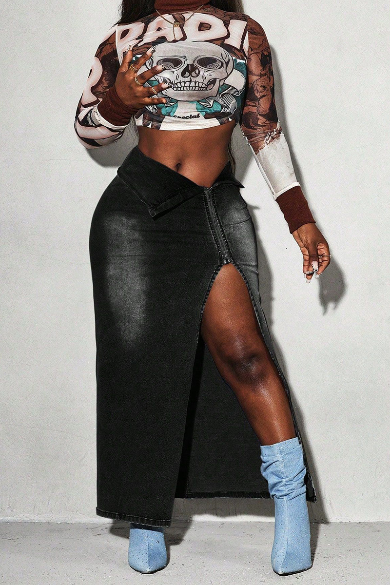Women's Elasticized Side-Slit Cowboy Midi Skirt