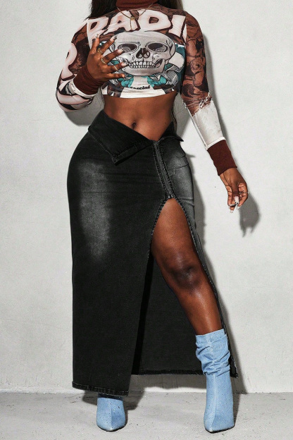 Women's Elasticized Side-Slit Cowboy Midi Skirt