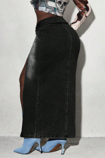 Women's Elasticized Side-Slit Cowboy Midi Skirt