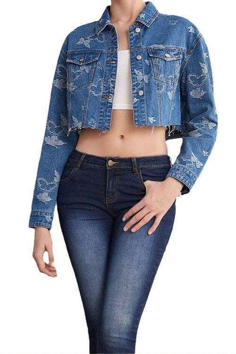 Ladies' Stylish Bow-Print Denim Jacket
