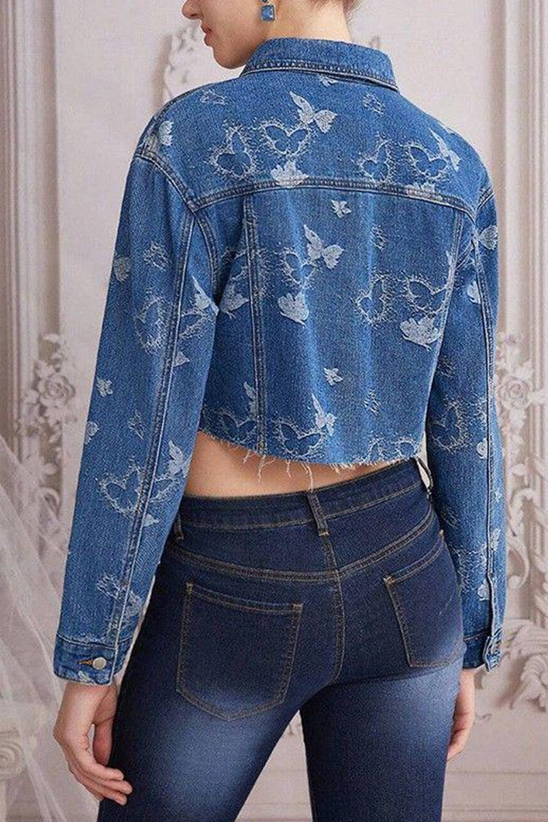 Ladies' Stylish Bow-Print Denim Jacket