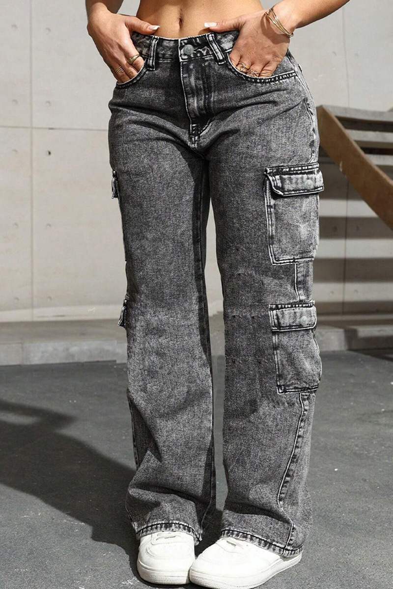 Women's Distressed Wash Multi-Pocket Cargo Jeans