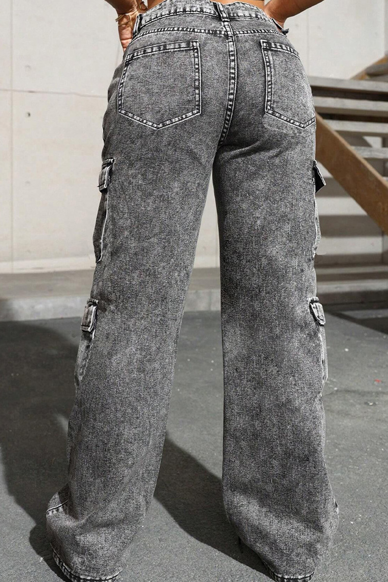 Women's Distressed Wash Multi-Pocket Cargo Jeans