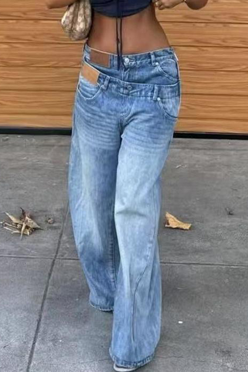 Lady's Vintage-style Faux Two-piece Twist Waist Jeans