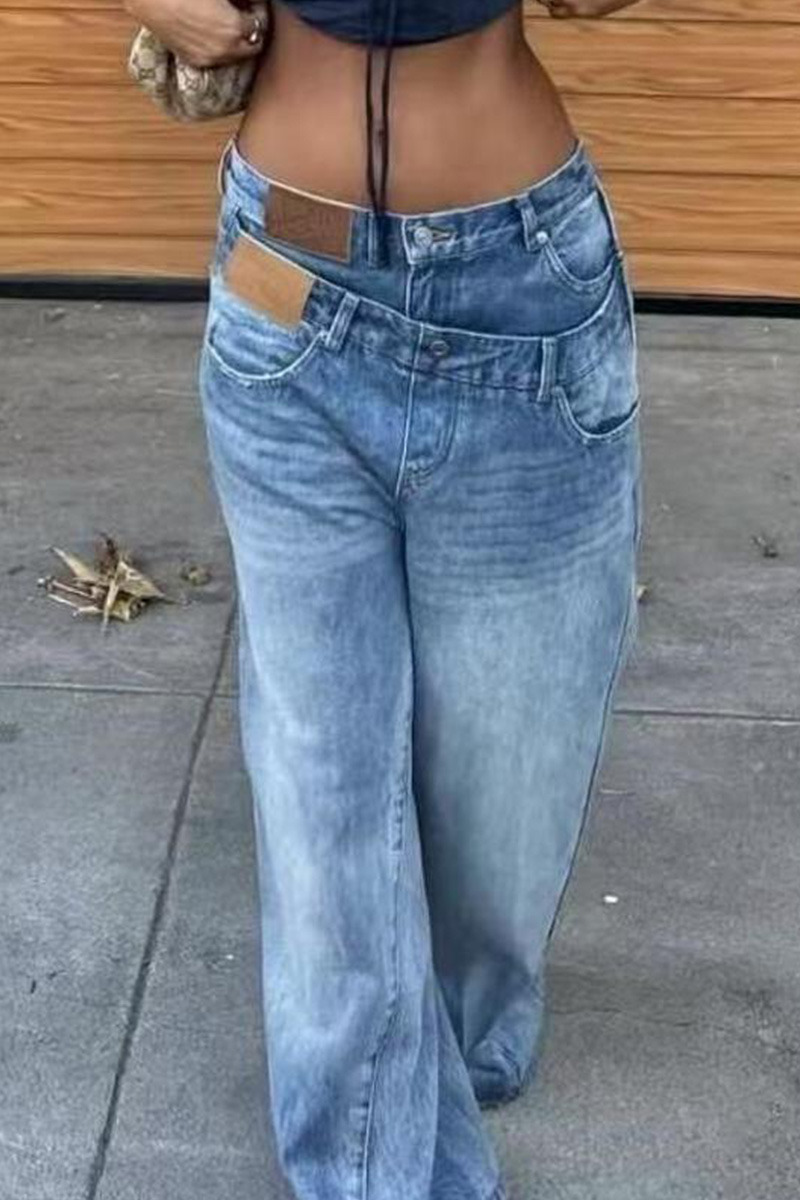 Lady's Vintage-style Faux Two-piece Twist Waist Jeans