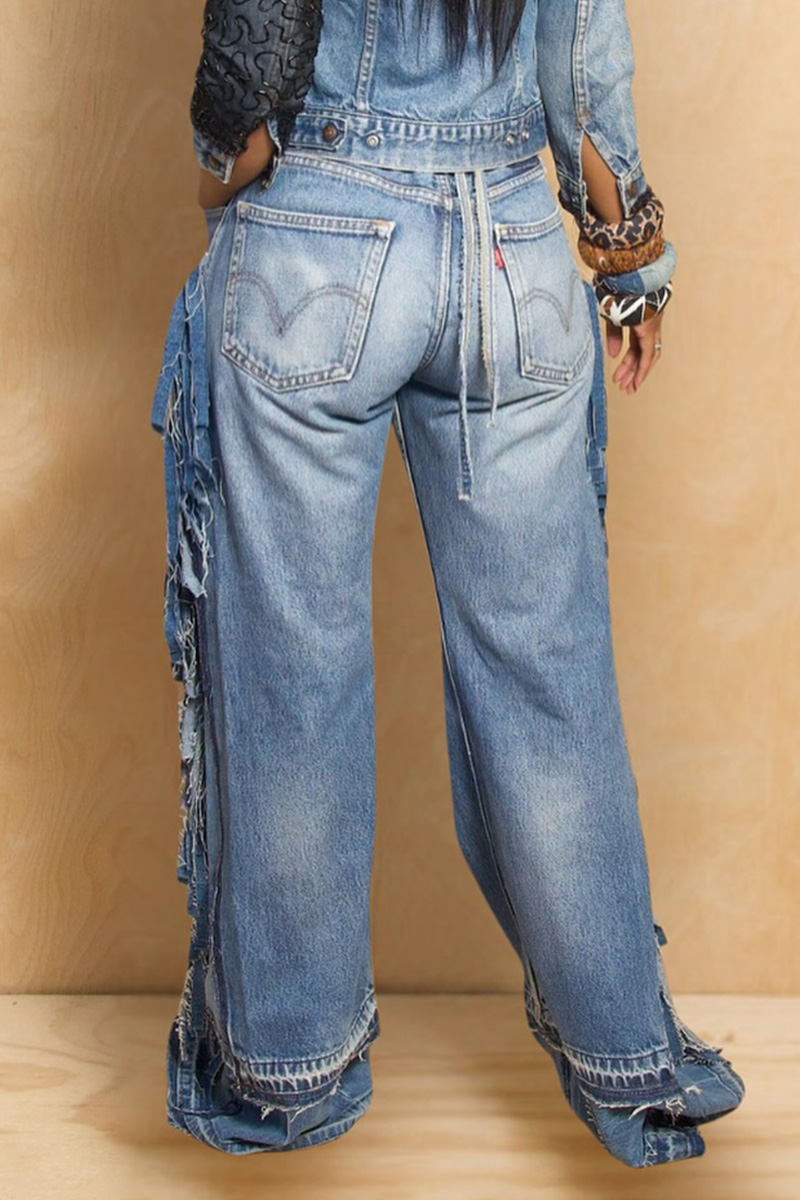 Ladies' Distressed Side-Slit Flowy Fringe Jeans