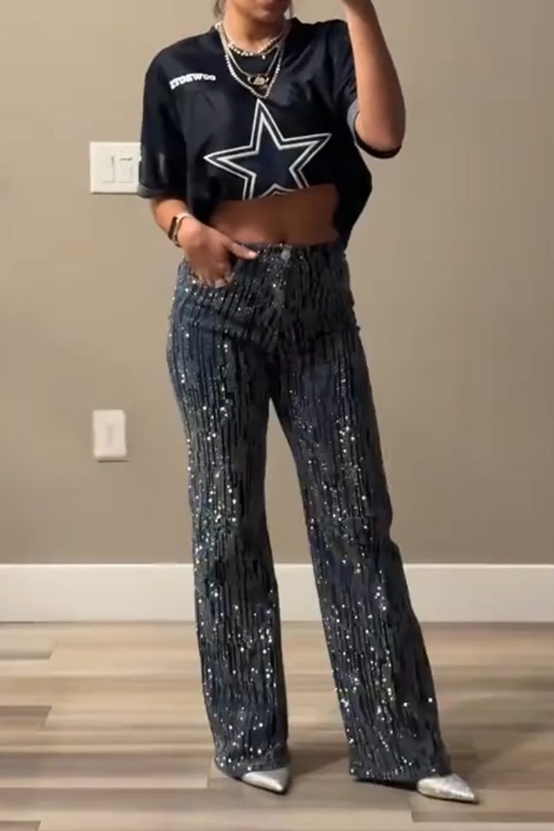 Women's Irregular Striped Crystal Stretch Jeans