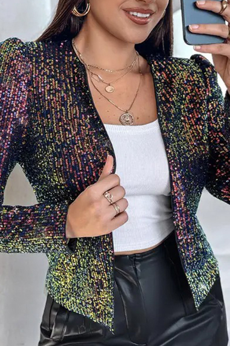 Chic Leopard Print Sequin Covered Long-Sleeve Jacket