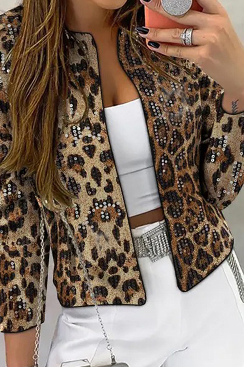 Chic Leopard Print Sequin Covered Long-Sleeve Jacket