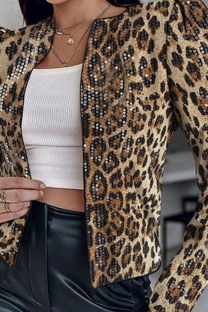 Chic Leopard Print Sequin Covered Long-Sleeve Jacket