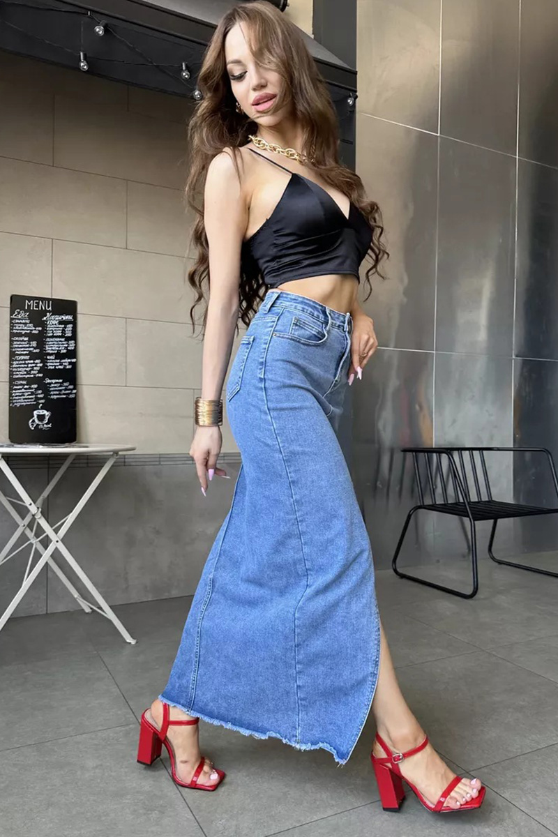 Women‘s Vintage Washed Front-Slit Denim Skirt
