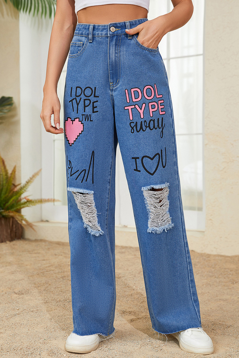 Women's Graffiti Art Distressed Raw Hem Jeans
