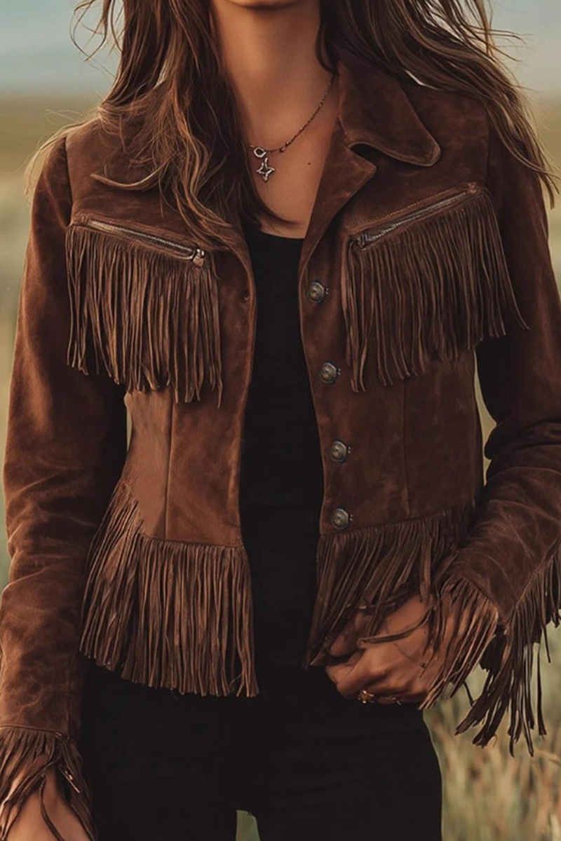 Western Suede Leather Jacket With Notch Lapel For Women