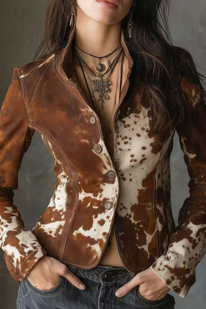 Artistic Block Print Relaxed Fit Long Sleeve Jacket For Women
