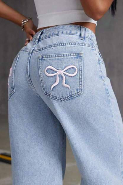 Lady Causal Cherry Print High-Waisted Jeans
