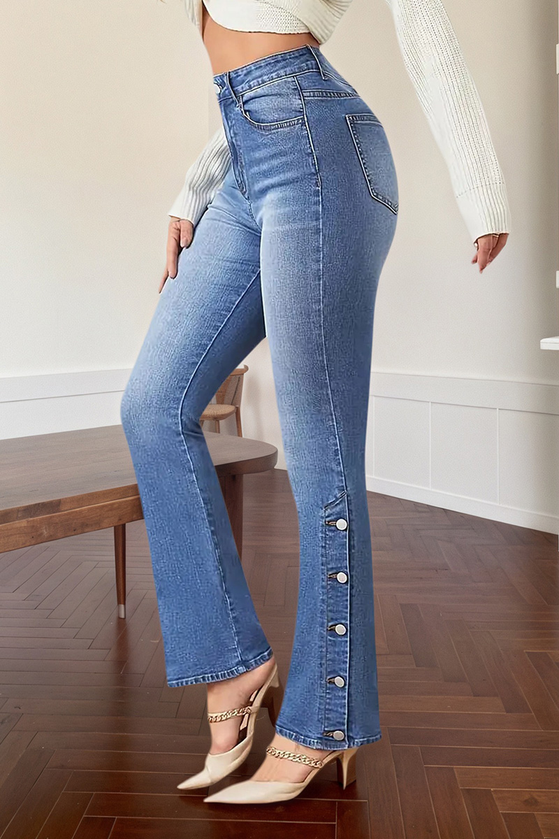 Vintage Women's Slim Fit Side Button Split Hem Jeans