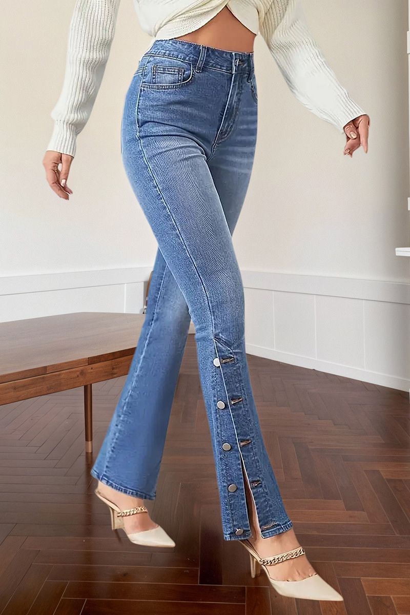 Vintage Women's Slim Fit Side Button Split Hem Jeans