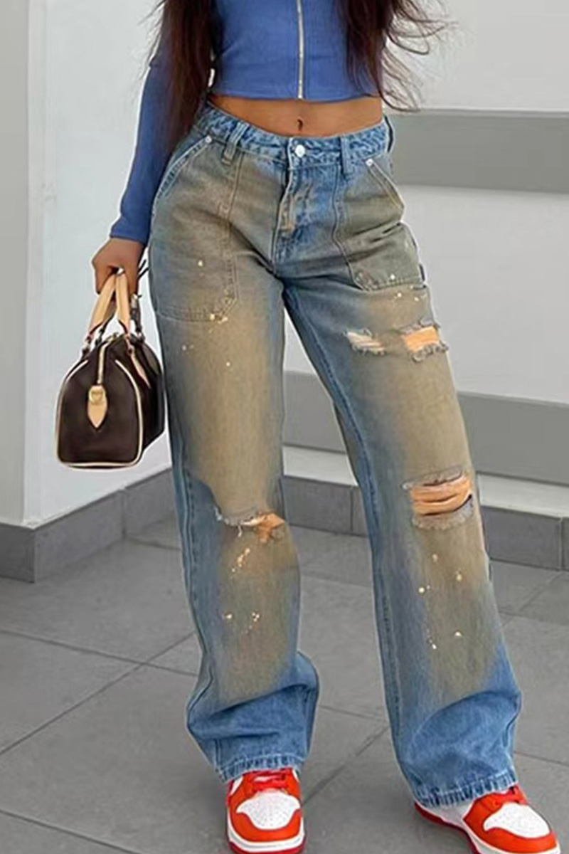 Vintage Faded High-Waist Ripped Jeans for Women