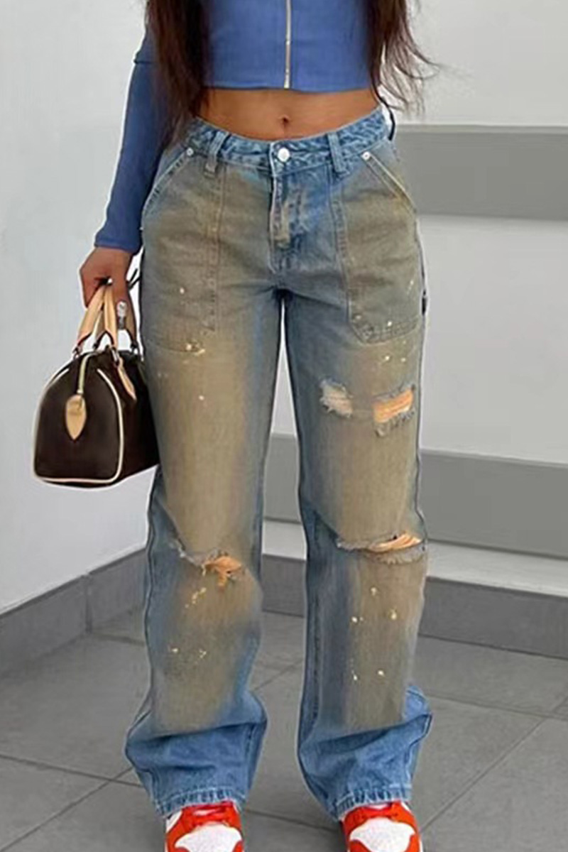 Vintage Faded High-Waist Ripped Jeans for Women