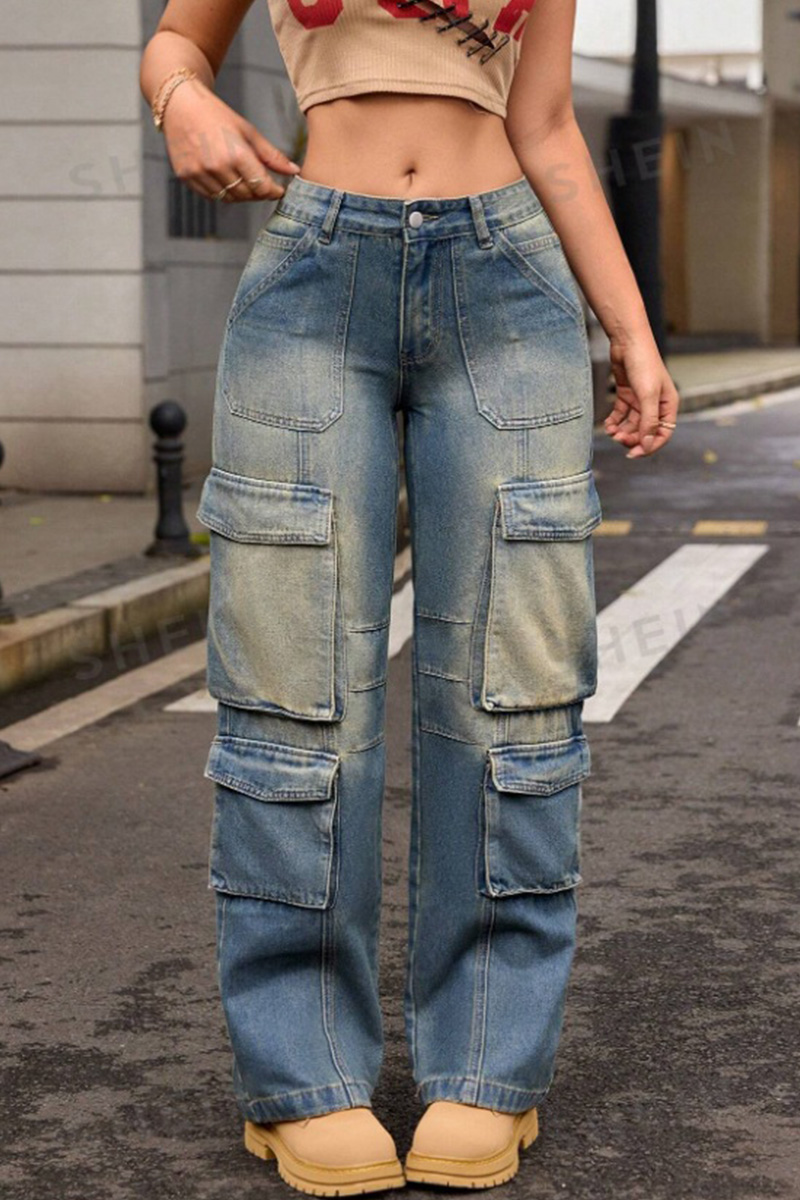 Street Wash Lady Cargo Hip-Hop Multi-Pocket Jeans