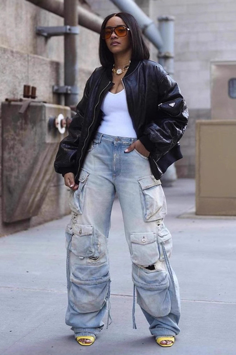 Women's Street Style Raw-Edge Cargo Jeans With Punk Rock Details