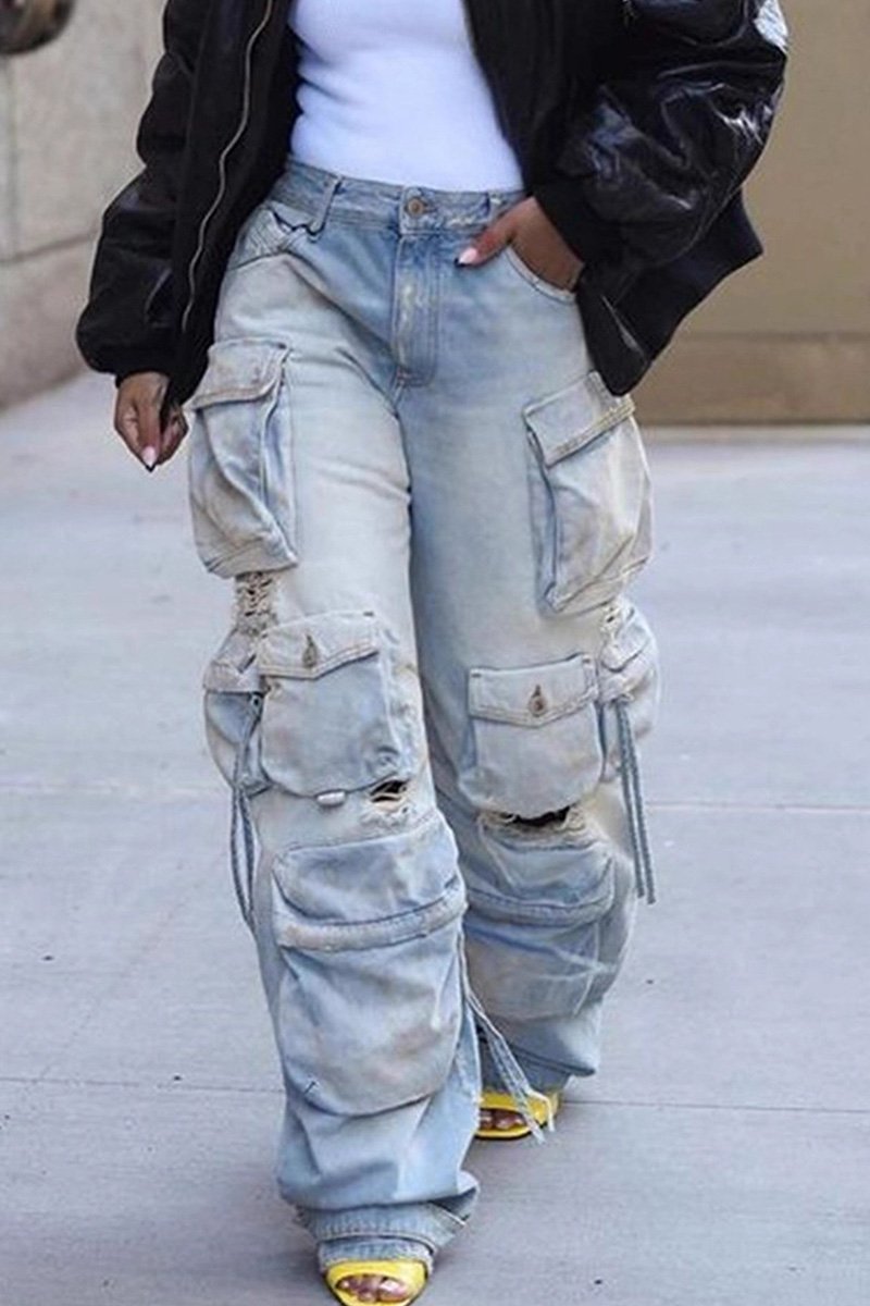 Women's Street Style Raw-Edge Cargo Jeans With Punk Rock Details