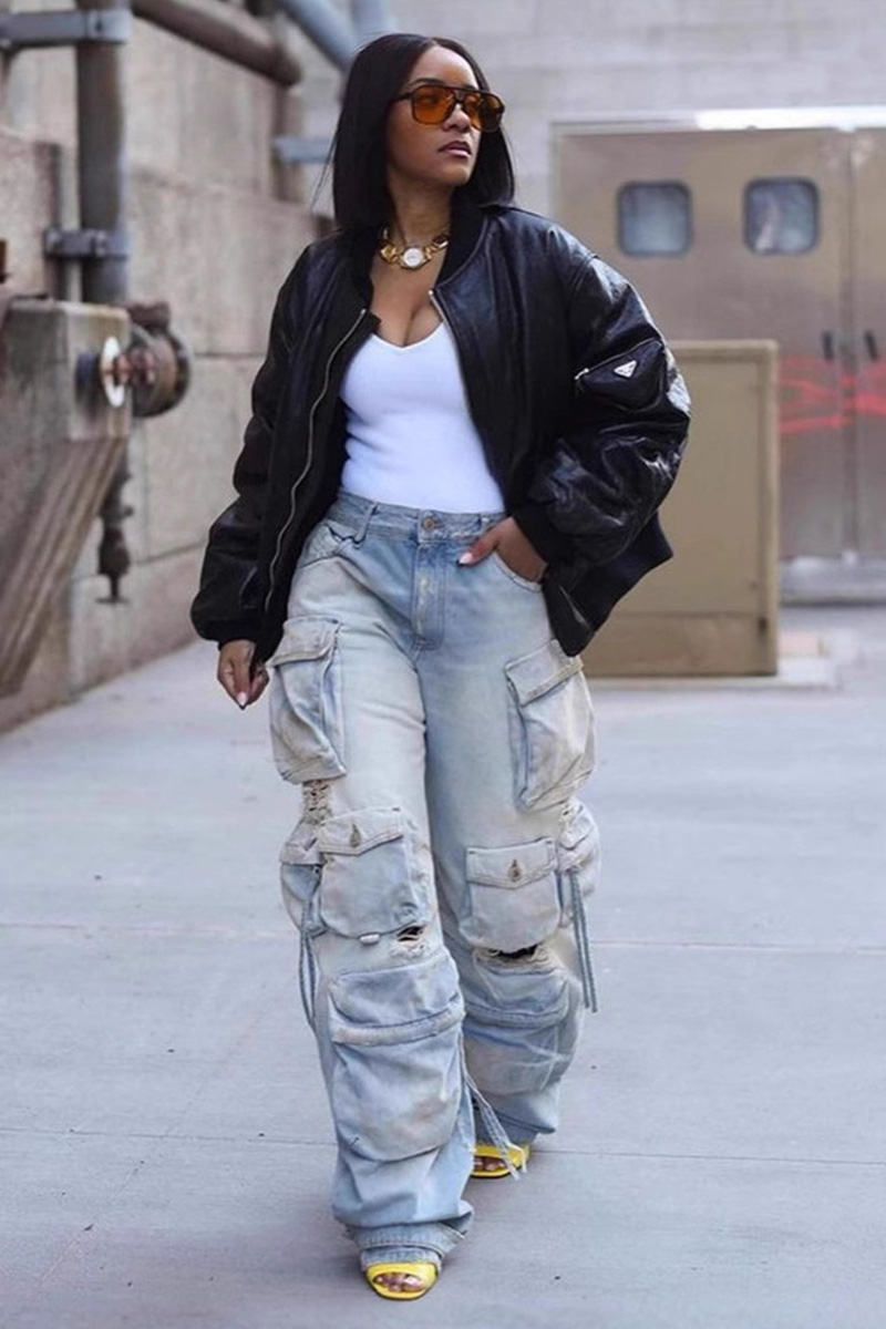 Women's Street Style Raw-Edge Cargo Jeans With Punk Rock Details