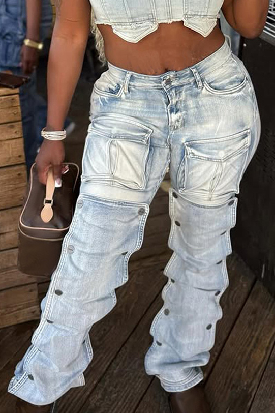 Women Street Fashion Multi Pocket Straight Leg Jeans
