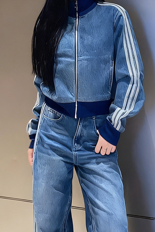 Women's Retro Cropped  Denim Jacket + Striped Side Jeans