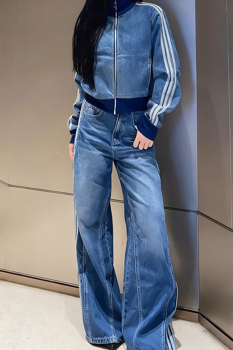 Women's Retro Cropped  Denim Jacket + Striped Side Jeans