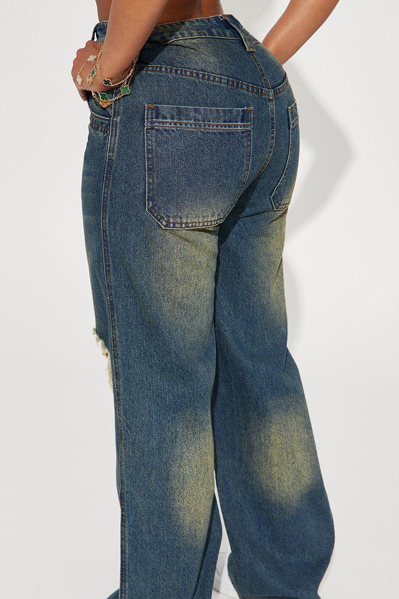 Ladies Industrial Wash Knee Rip Wide Leg Jeans