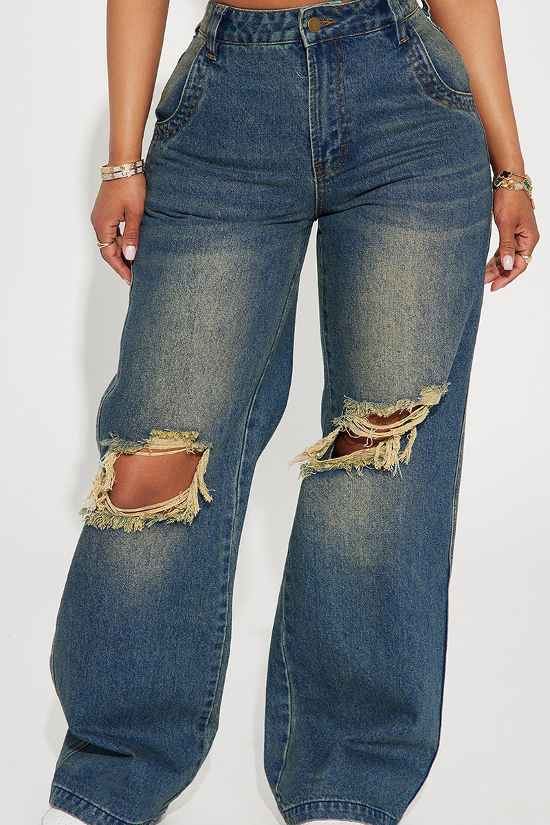Ladies Industrial Wash Knee Rip Wide Leg Jeans