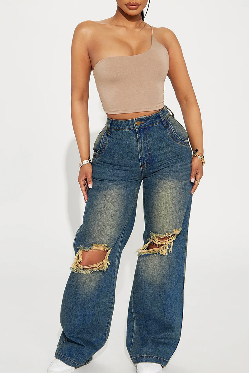 Ladies Industrial Wash Knee Rip Wide Leg Jeans