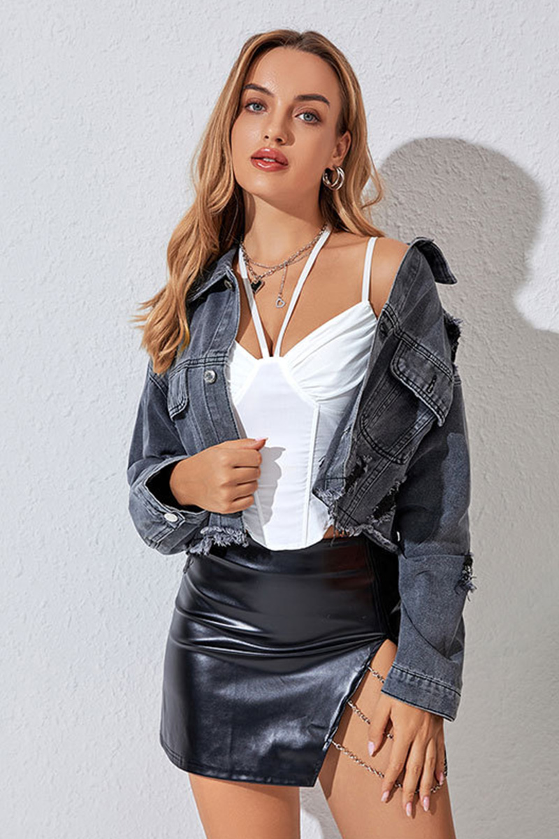 Distressed Denim Cropped Jacket Washed For Casual Style