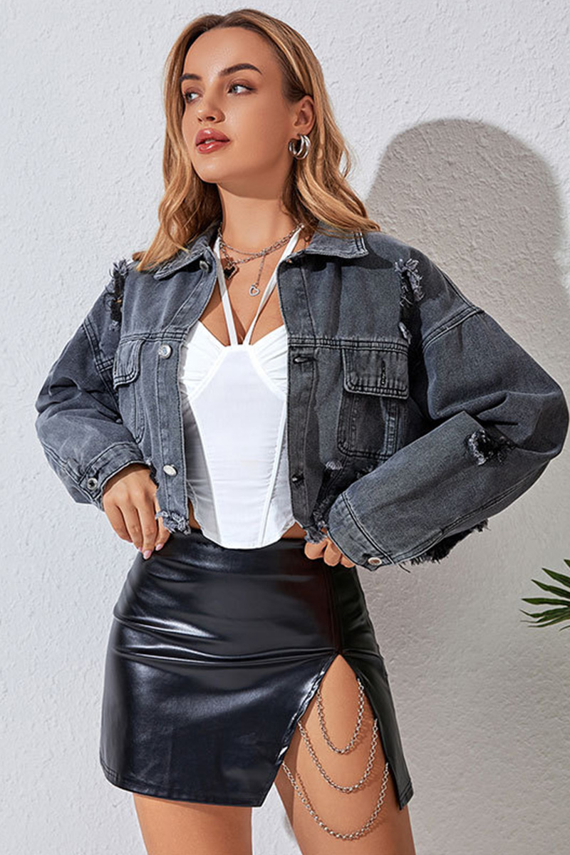 Distressed Denim Cropped Jacket Washed For Casual Style