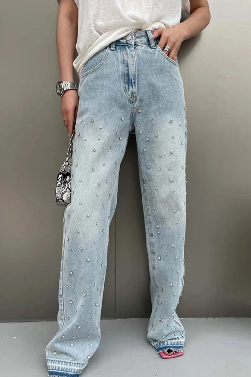 Women Heavy Duty Rhinestone Embellished Straight Leg Jeans