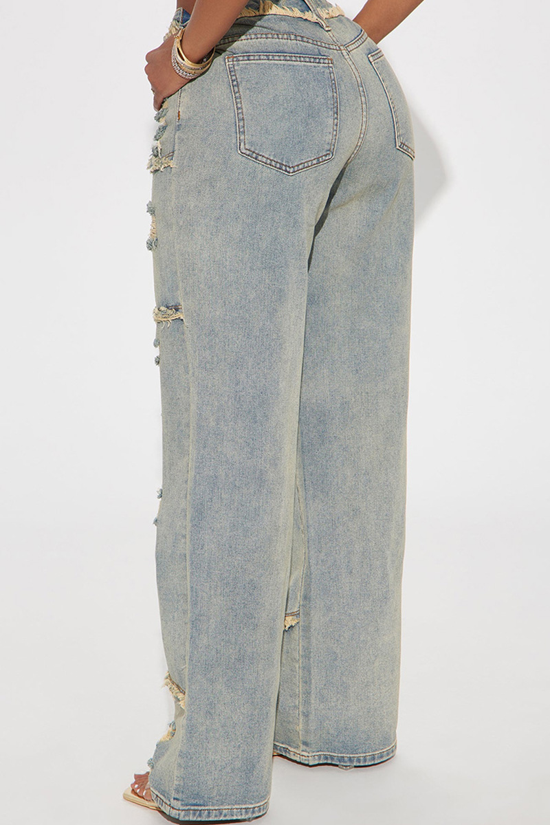 Vintage Wash Distressed Ripped Denim Jeans For Women