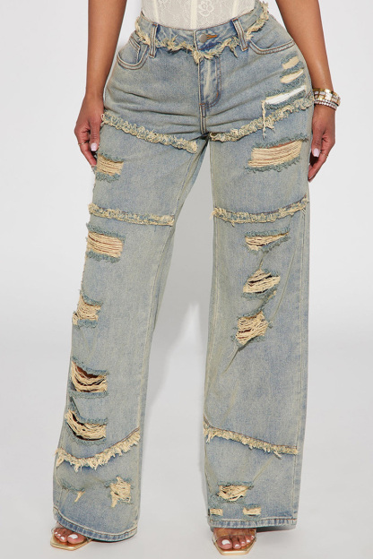 Vintage Wash Distressed Ripped Denim Jeans For Women