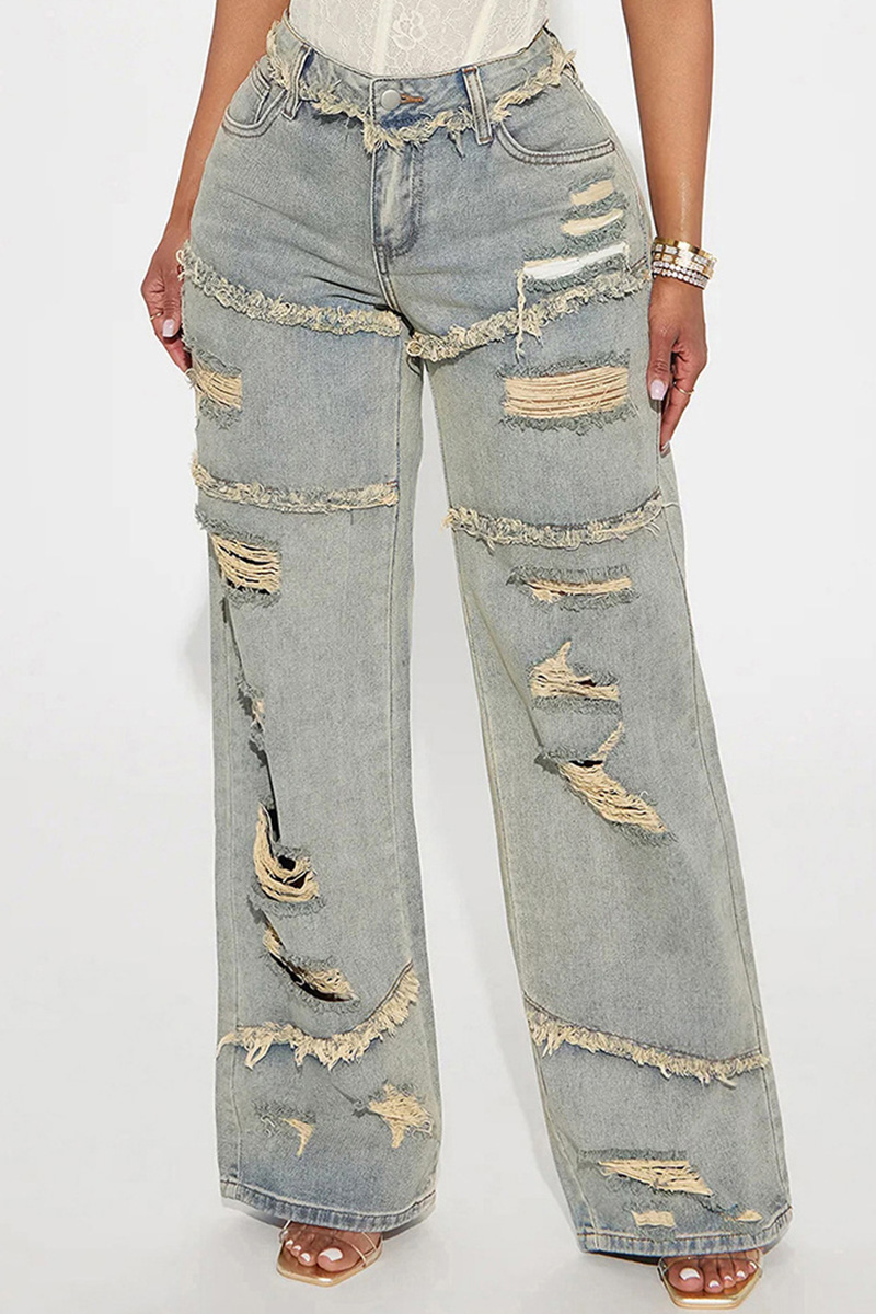 Vintage Wash Distressed Ripped Denim Jeans For Women