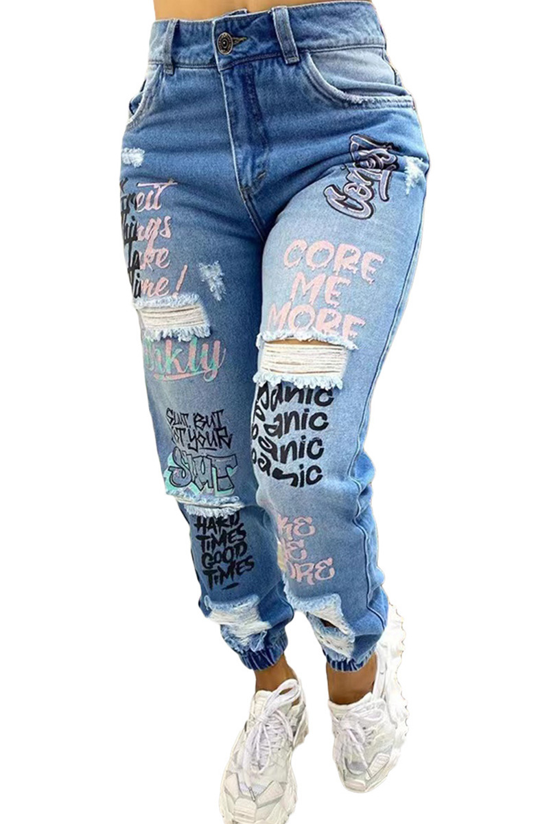 Distressed Skinny Jeans With Embroidered Lettering