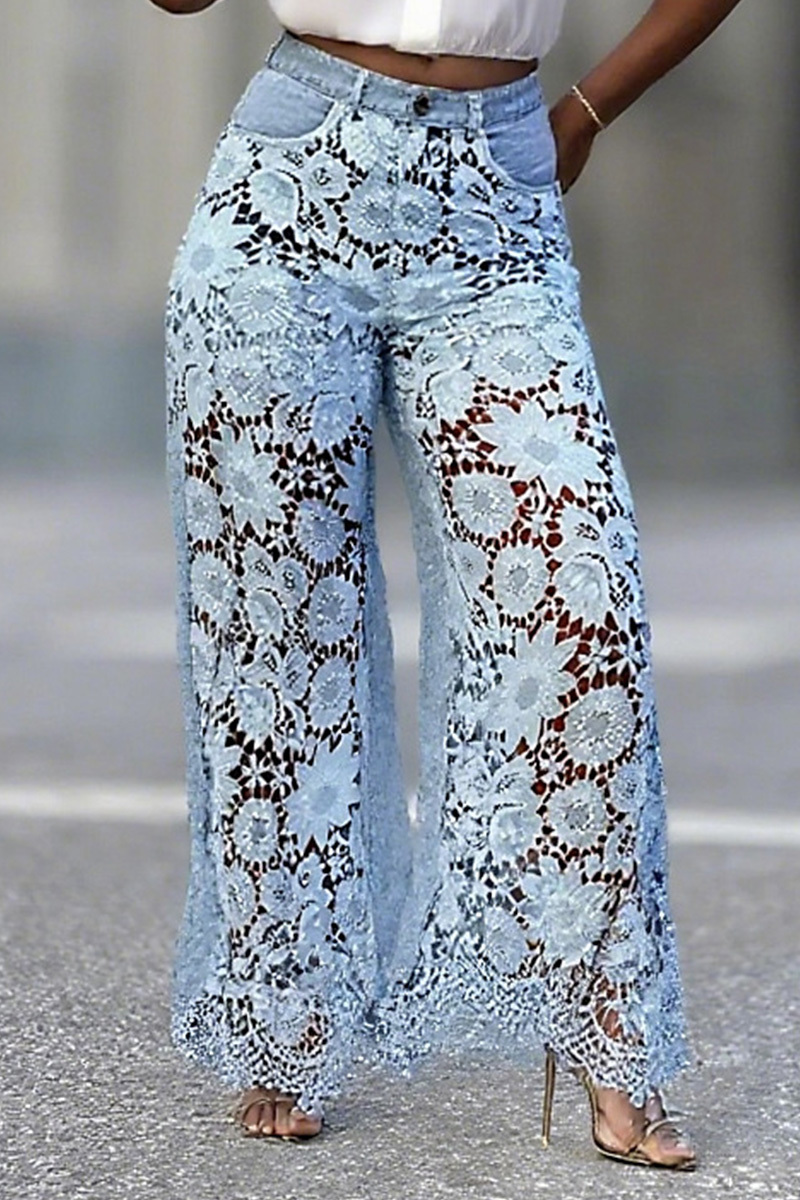 Ladies Distressed Denim With Lace Panel Details