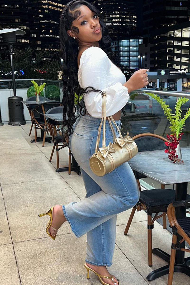 Fashionable Washed Denim Wide Leg Jeans For Women