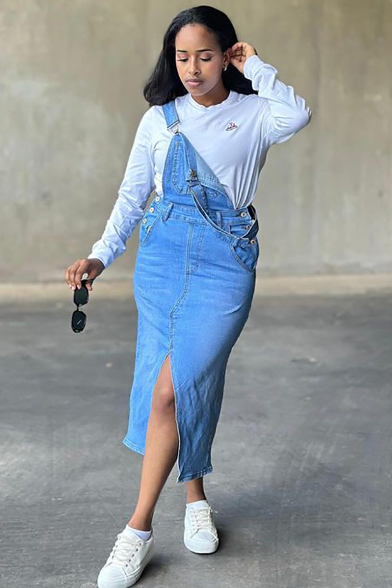 Women's Fashion Suspenders Large Pocket Split Denim Skirt