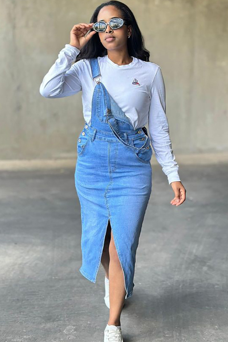 Women's Fashion Suspenders Large Pocket Split Denim Skirt