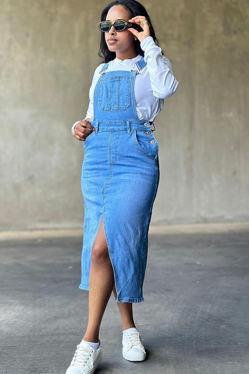 Women's Fashion Suspenders Large Pocket Split Denim Skirt