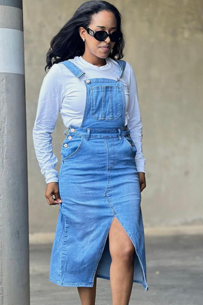 Women's Fashion Suspenders Large Pocket Split Denim Skirt
