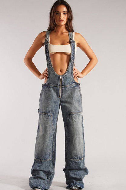 Women's Loose Utility Denim Jumpsuit with Multiple Pockets